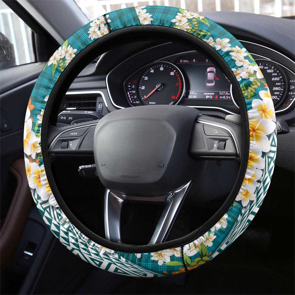 Hawaiian Plumeria Lei Steering Wheel Cover Kakau Motifs and Palaka Half Style Turquoise Color - Polynesian Pride