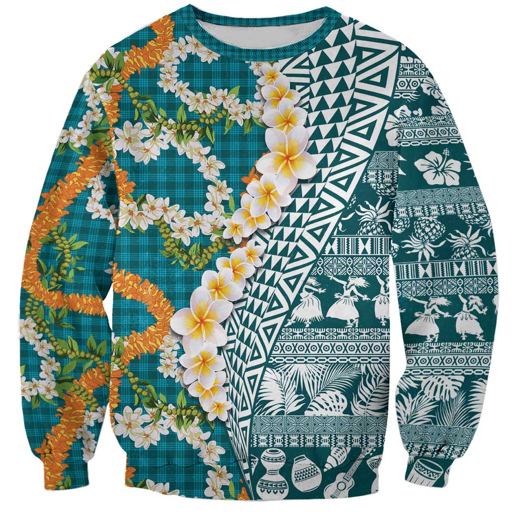 Hawaiian Plumeria Lei Sweatshirt Kakau Motifs and Palaka Half Style Turquoise Color - Polynesian Pride