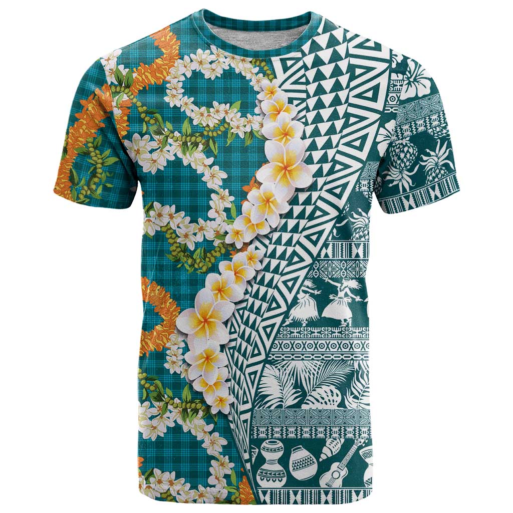 Hawaiian Plumeria Lei T Shirt Kakau Motifs and Palaka Half Style Turquoise Color - Polynesian Pride