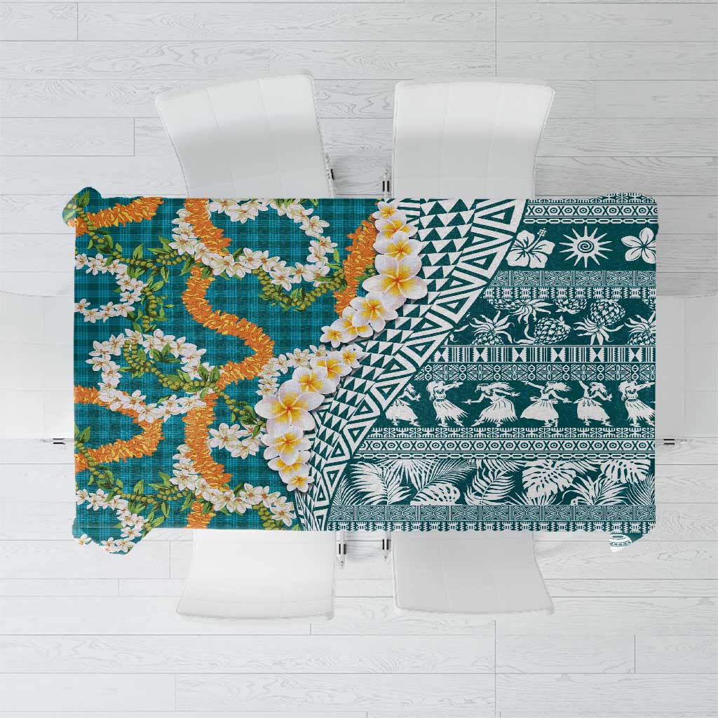Hawaiian Plumeria Lei Tablecloth Kakau Motifs and Palaka Half Style Turquoise Color - Polynesian Pride