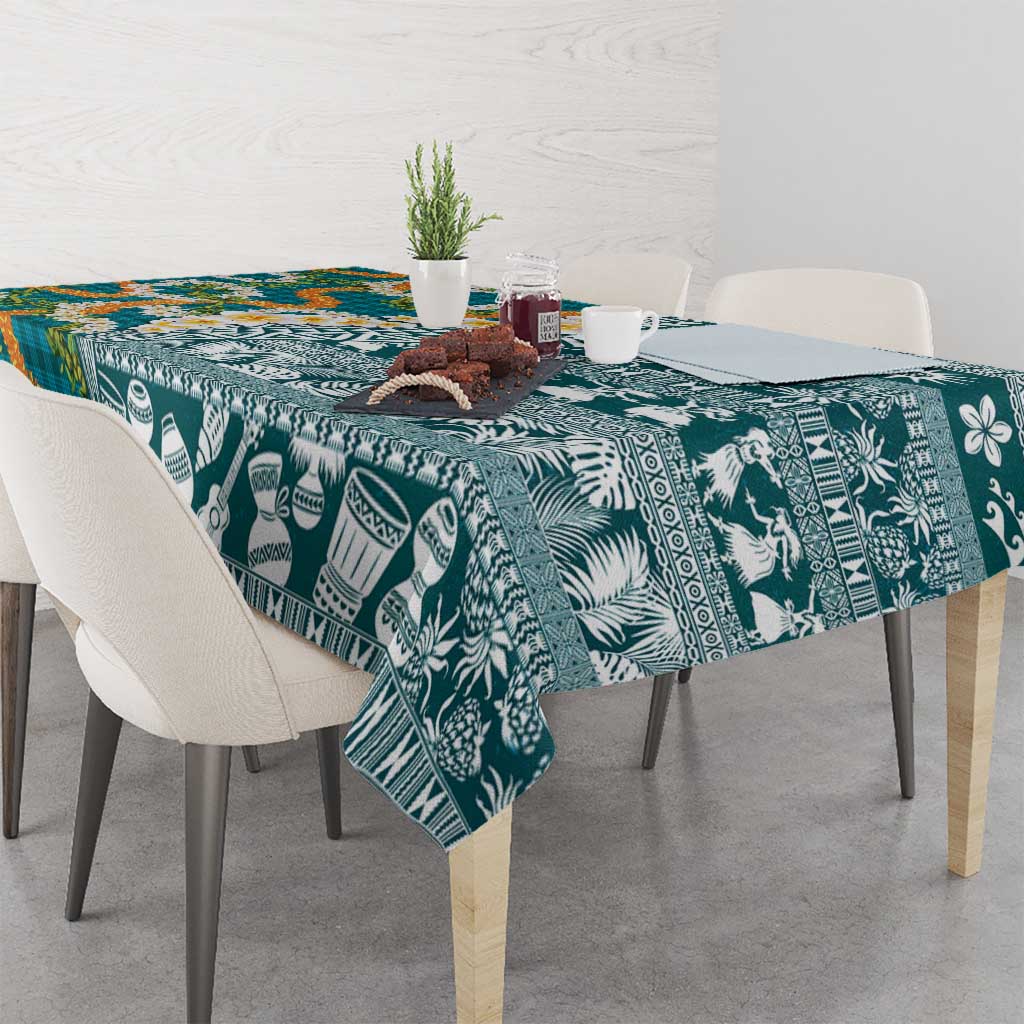 Hawaiian Plumeria Lei Tablecloth Kakau Motifs and Palaka Half Style Turquoise Color - Polynesian Pride