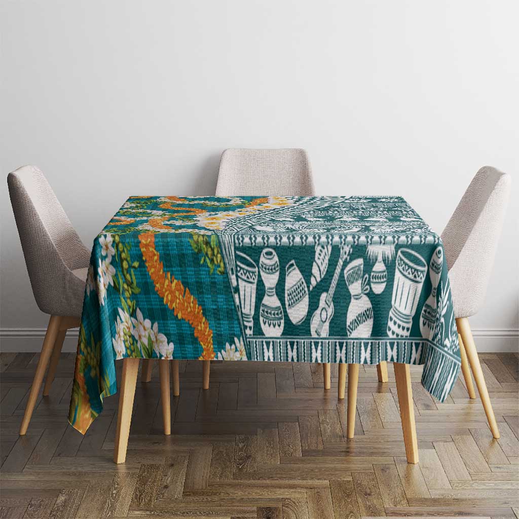 Hawaiian Plumeria Lei Tablecloth Kakau Motifs and Palaka Half Style Turquoise Color - Polynesian Pride