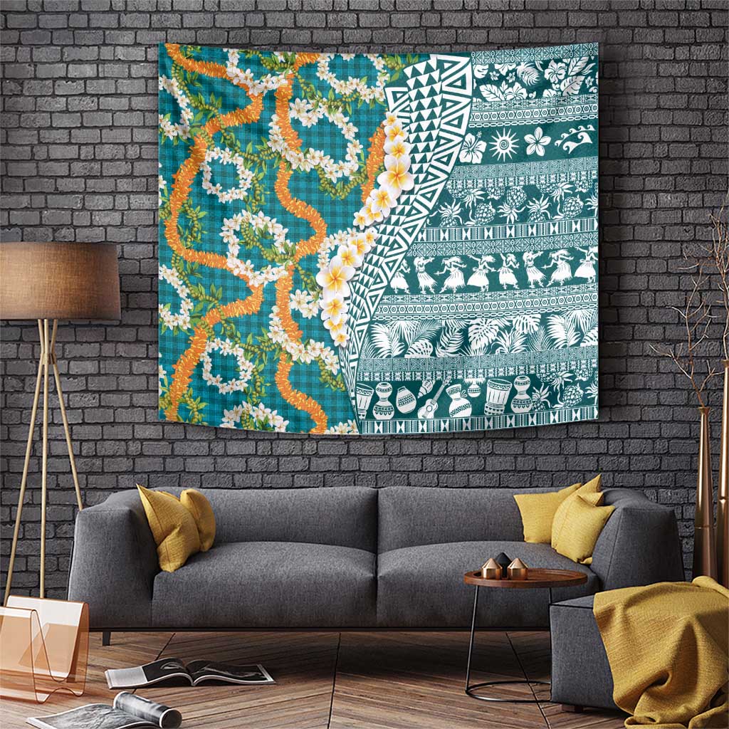 Hawaiian Plumeria Lei Tapestry Kakau Motifs and Palaka Half Style Turquoise Color LT03 Turquoise - Polynesian Pride