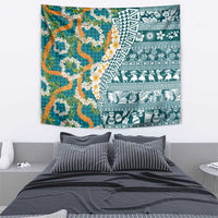 Hawaiian Plumeria Lei Tapestry Kakau Motifs and Palaka Half Style Turquoise Color - Polynesian Pride