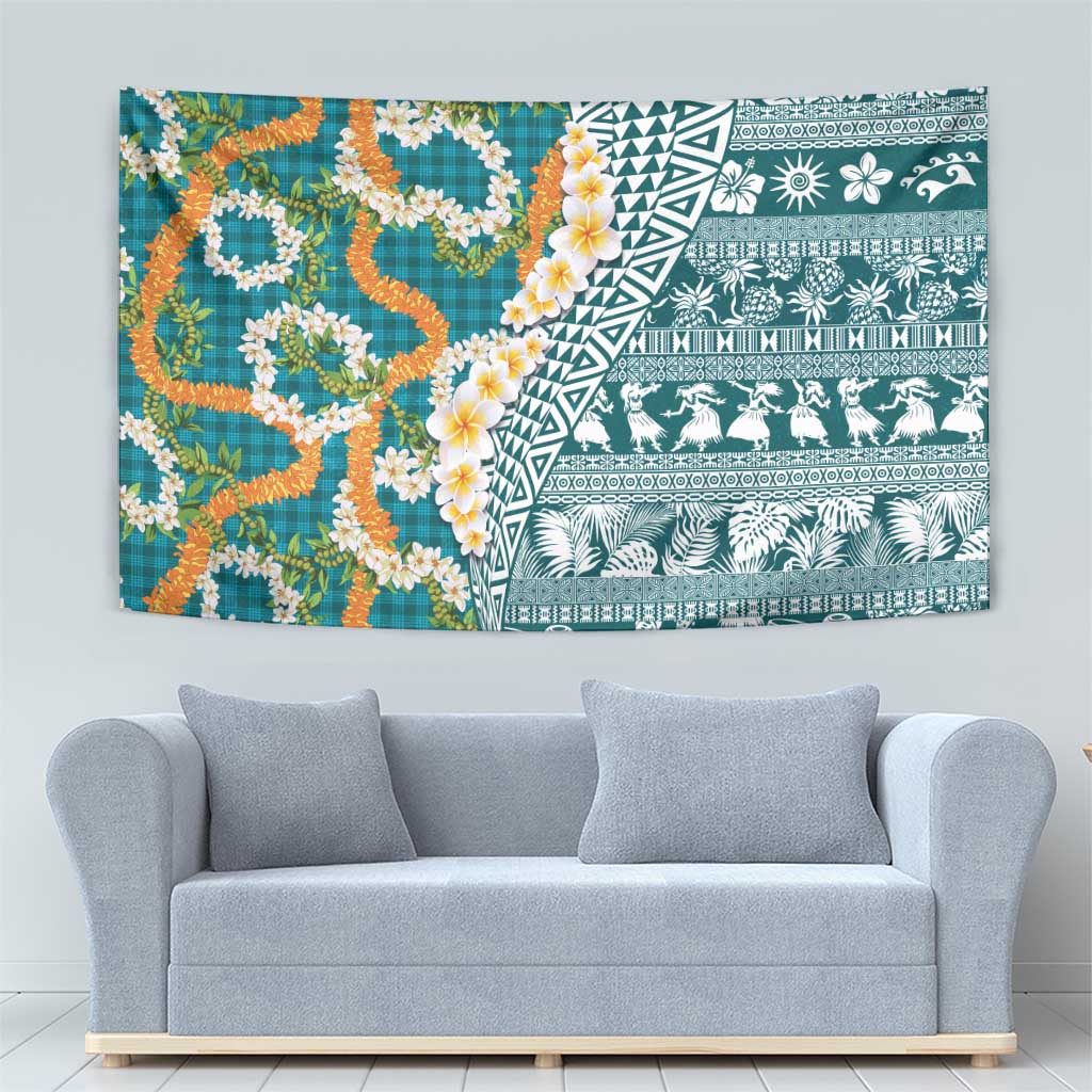 Hawaiian Plumeria Lei Tapestry Kakau Motifs and Palaka Half Style Turquoise Color - Polynesian Pride