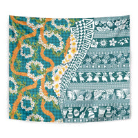 Hawaiian Plumeria Lei Tapestry Kakau Motifs and Palaka Half Style Turquoise Color - Polynesian Pride