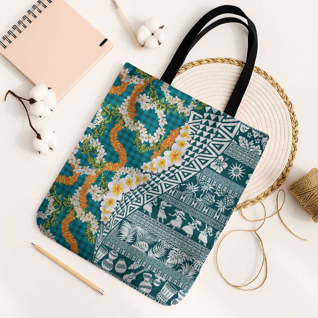 Hawaiian Plumeria Lei Tote Bag Kakau Motifs and Palaka Half Style Turquoise Color LT03 Black Strap One Size Turquoise - Polynesian Pride