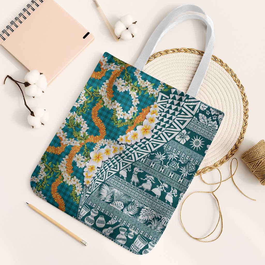 Hawaiian Plumeria Lei Tote Bag Kakau Motifs and Palaka Half Style Turquoise Color - Polynesian Pride