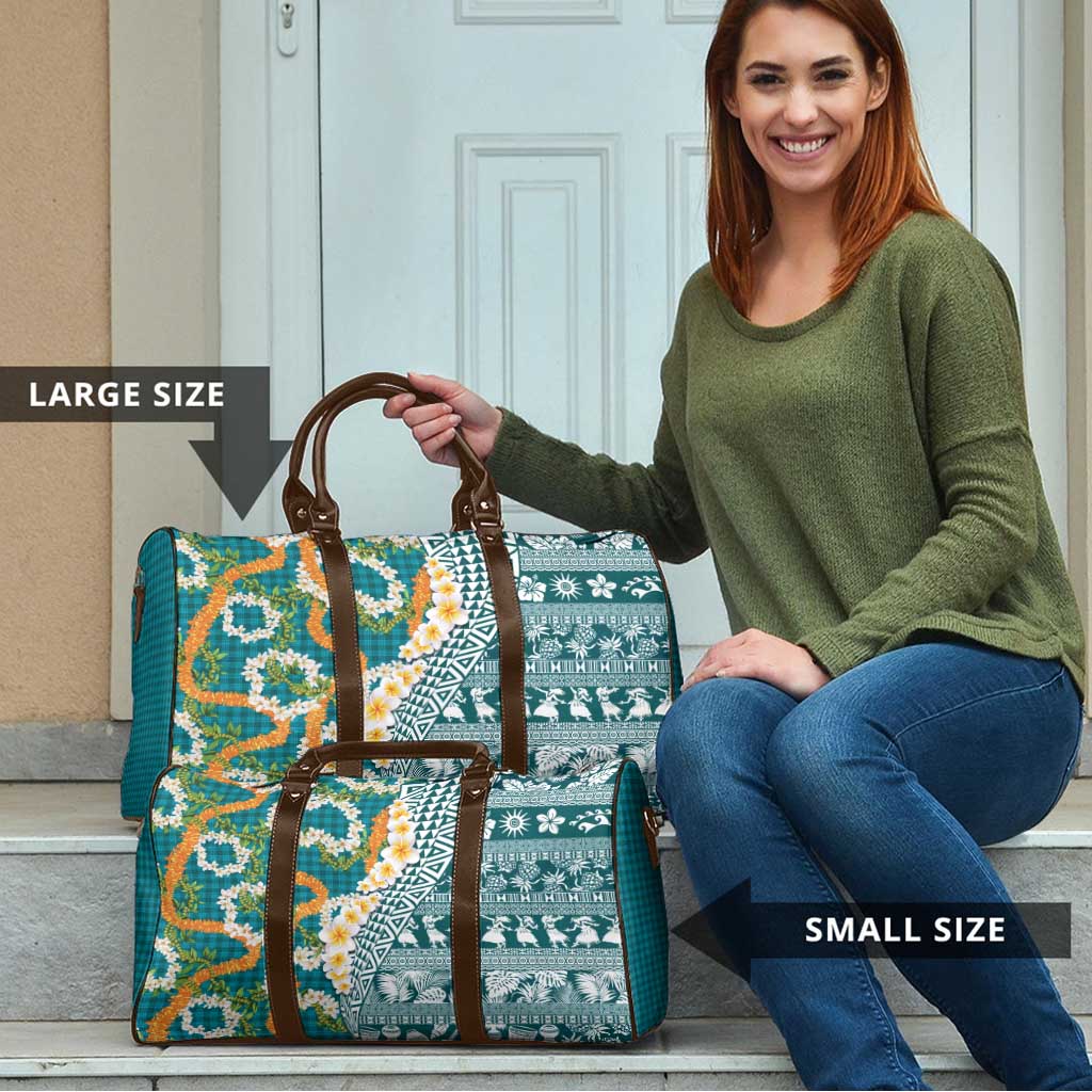 Hawaiian Plumeria Lei Travel Bag Kakau Motifs and Palaka Half Style Turquoise Color - Polynesian Pride