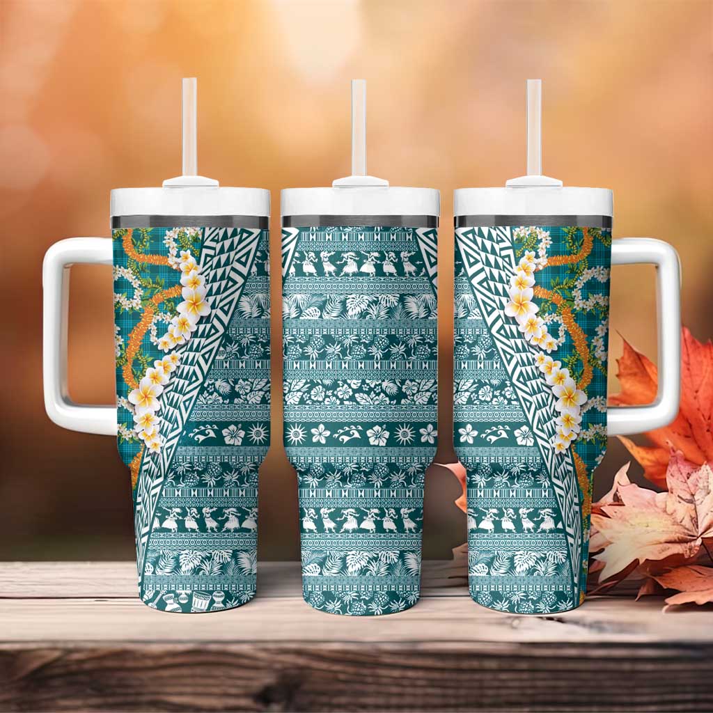 Hawaiian Plumeria Lei Tumbler With Handle Kakau Motifs and Palaka Half Style Turquoise Color - Polynesian Pride