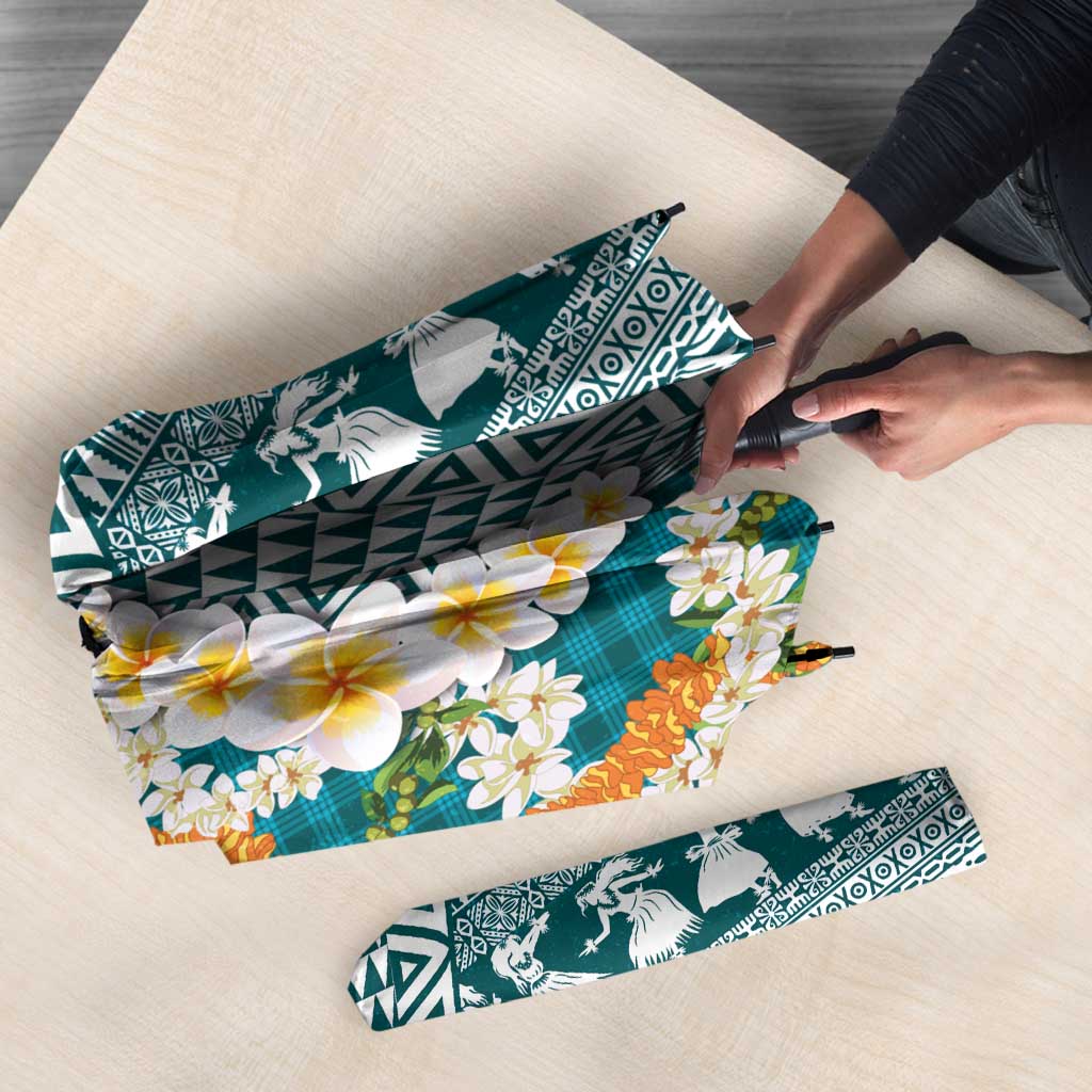 Hawaiian Plumeria Lei Umbrella Kakau Motifs and Palaka Half Style Turquoise Color - Polynesian Pride