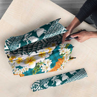 Hawaiian Plumeria Lei Umbrella Kakau Motifs and Palaka Half Style Turquoise Color - Polynesian Pride