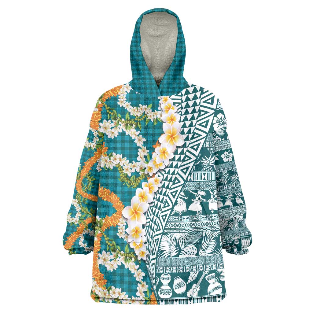 Hawaiian Plumeria Lei Wearable Blanket Hoodie Kakau Motifs and Palaka Half Style Turquoise Color - Polynesian Pride