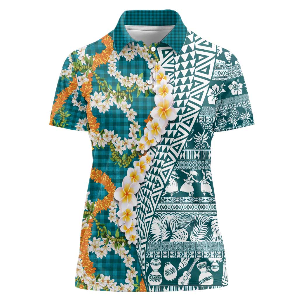 Hawaiian Plumeria Lei Women Polo Shirt Kakau Motifs and Palaka Half Style Turquoise Color - Polynesian Pride