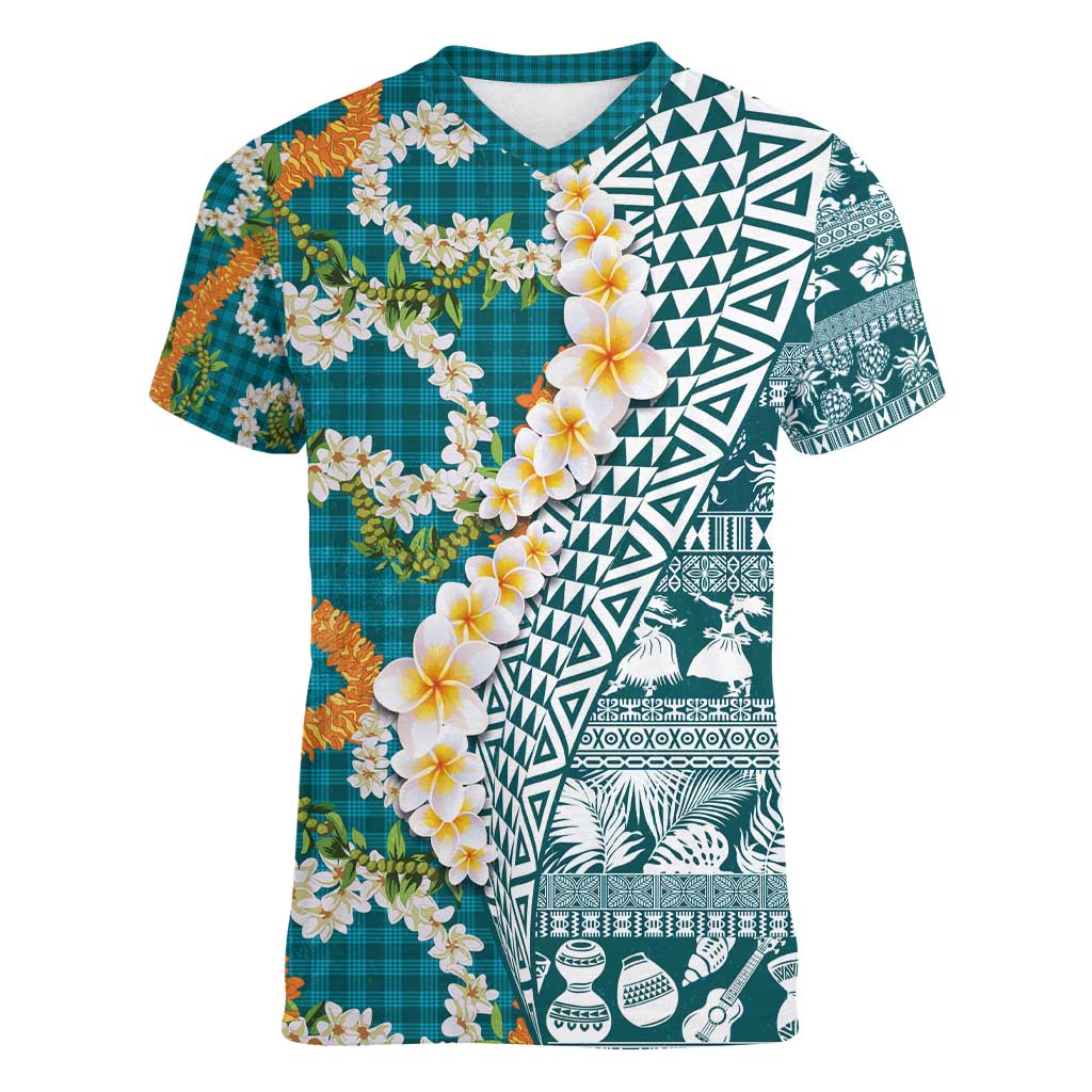 Hawaiian Plumeria Lei Women V-Neck T-Shirt Kakau Motifs and Palaka Half Style Turquoise Color - Polynesian Pride