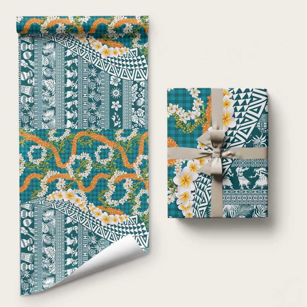 Hawaiian Plumeria Lei Wrapping Paper Kakau Motifs and Palaka Half Style Turquoise Color - Polynesian Pride