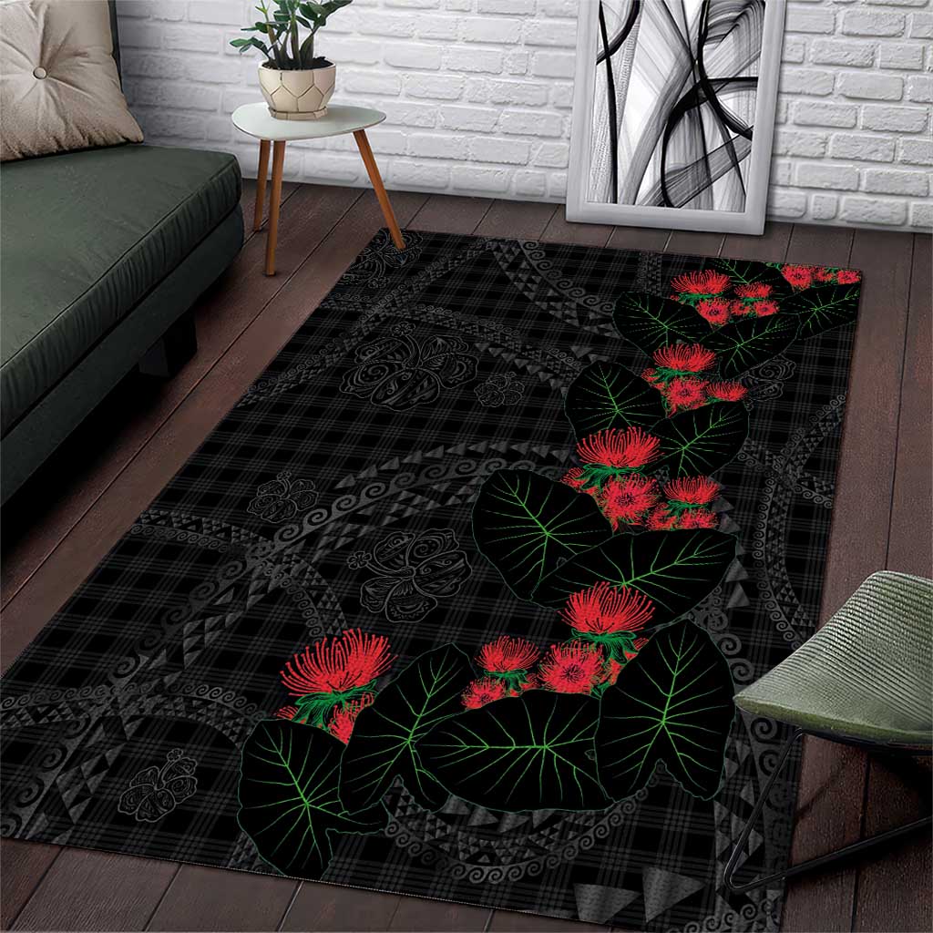 Hawaiian Kakau Art Area Rug Taro Leaves with Ohia Lehua and Pakala Pattern - Polynesian Pride
