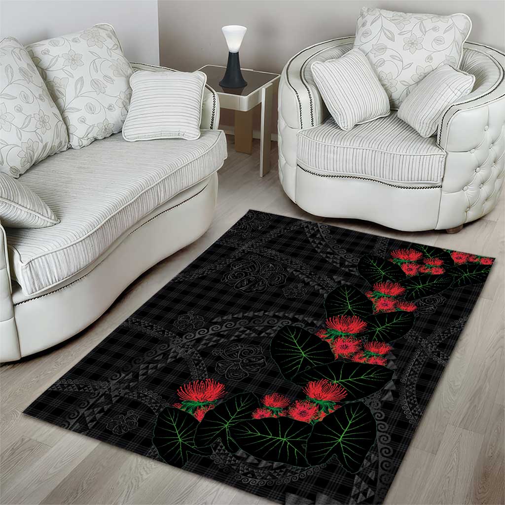 Hawaiian Kakau Art Area Rug Taro Leaves with Ohia Lehua and Pakala Pattern - Polynesian Pride