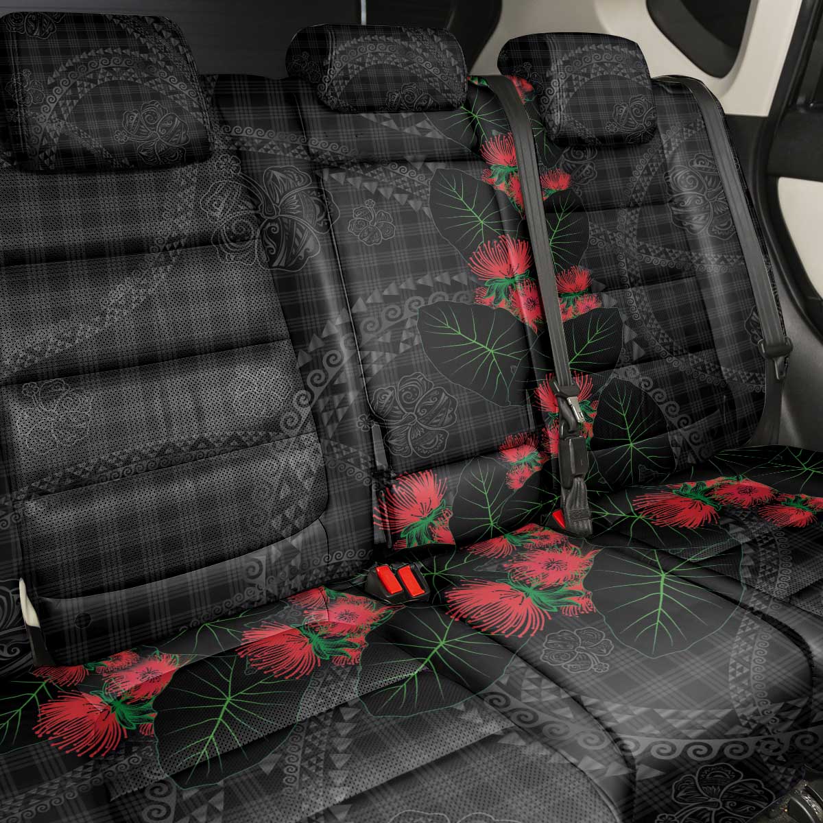 Hawaiian Kakau Art Back Car Seat Cover Taro Leaves with Ohia Lehua and Pakala Pattern - Polynesian Pride