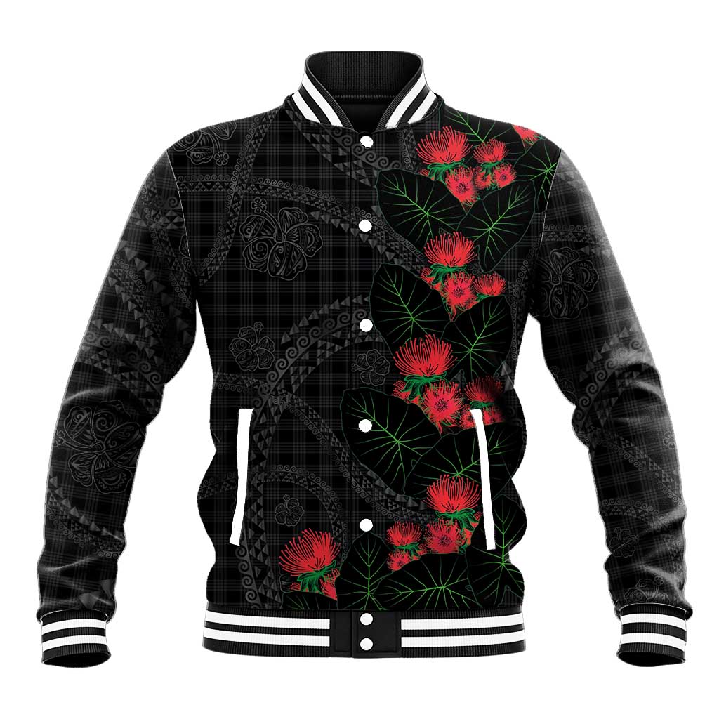 Hawaiian Kakau Art Baseball Jacket Taro Leaves with Ohia Lehua and Pakala Pattern - Polynesian Pride