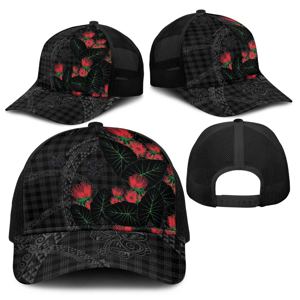 Hawaiian Kakau Art Baseball Net Cap Taro Leaves with Ohia Lehua and Pakala Pattern - Polynesian Pride
