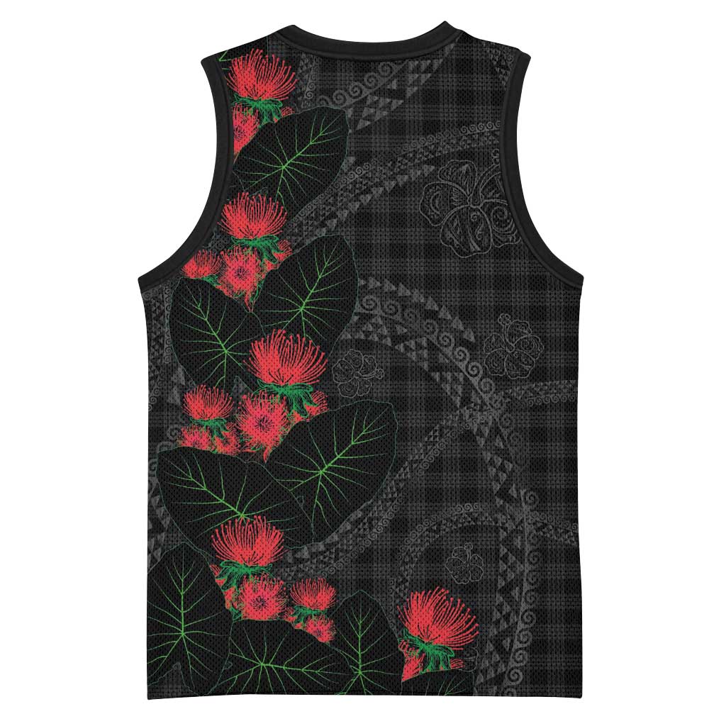 Hawaiian Kakau Art Basketball Jersey Taro Leaves with Ohia Lehua and Pakala Pattern - Polynesian Pride