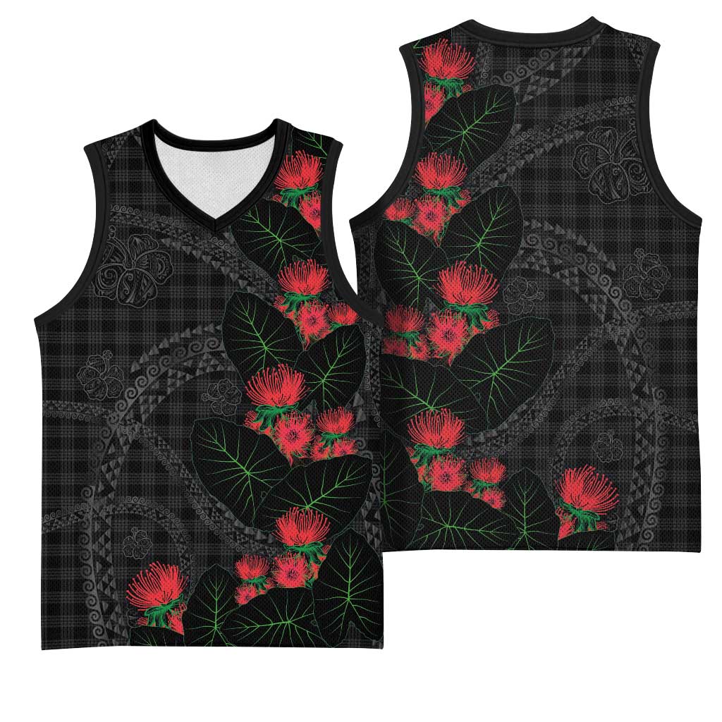 Hawaiian Kakau Art Basketball Jersey Taro Leaves with Ohia Lehua and Pakala Pattern - Polynesian Pride