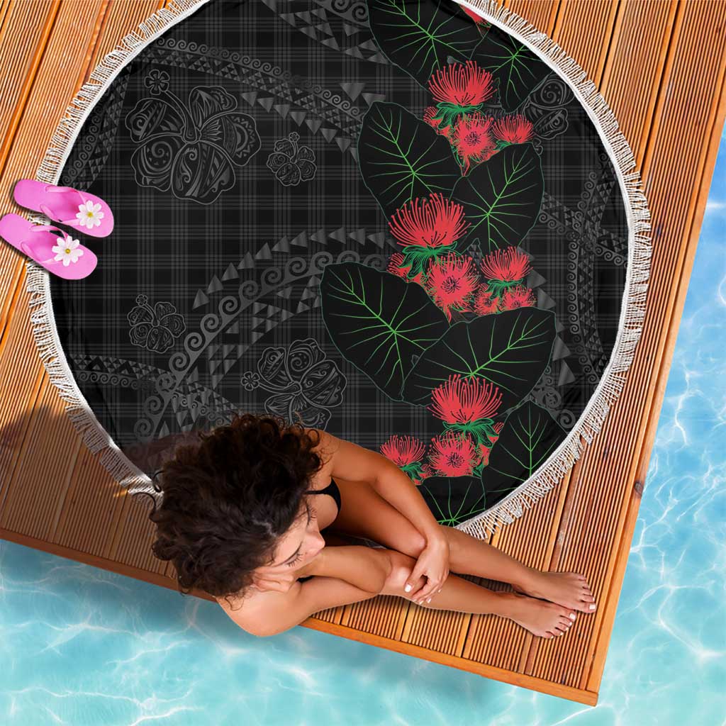 Hawaiian Kakau Art Beach Blanket Taro Leaves with Ohia Lehua and Pakala Pattern LT03 - Polynesian Pride