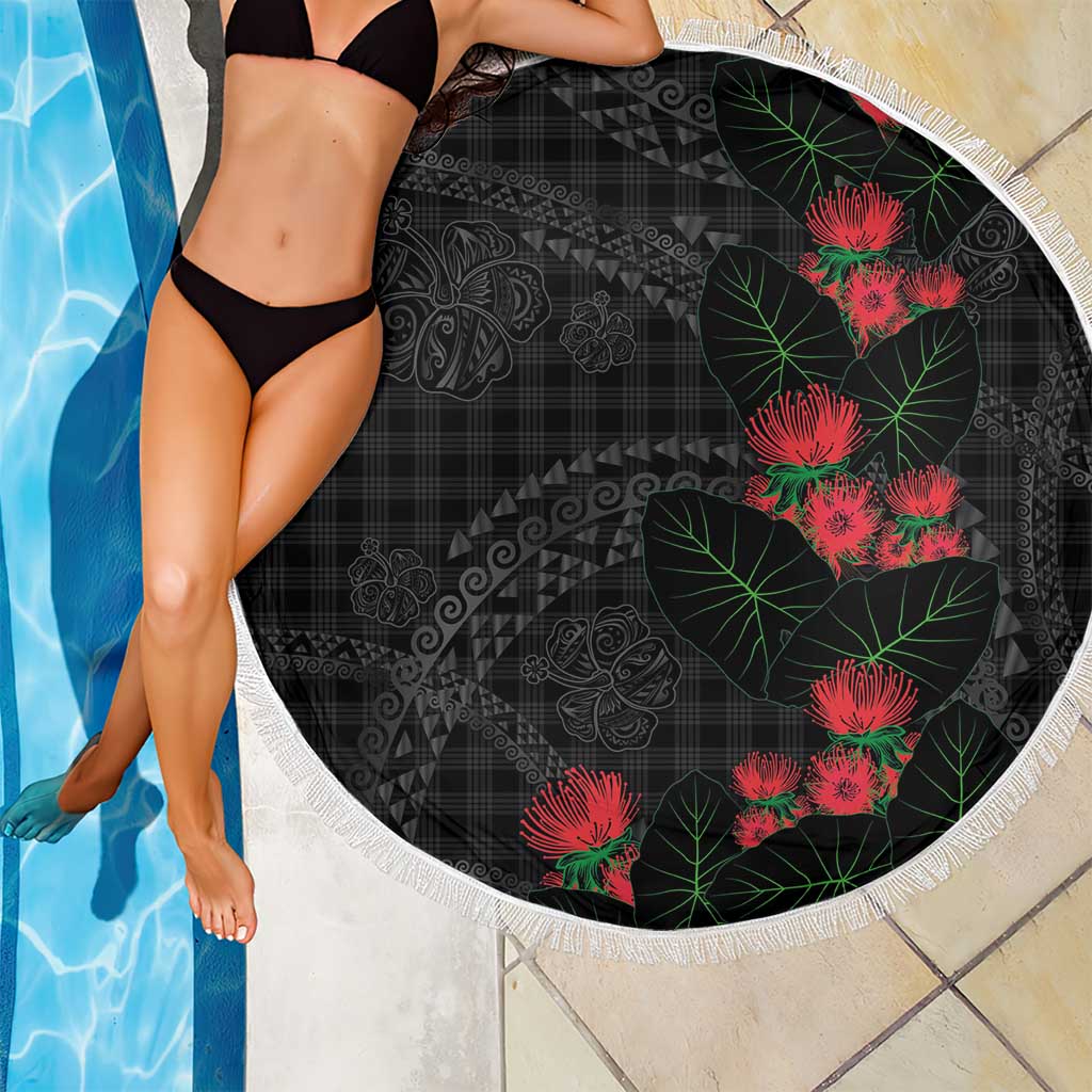 Hawaiian Kakau Art Beach Blanket Taro Leaves with Ohia Lehua and Pakala Pattern LT03 - Polynesian Pride