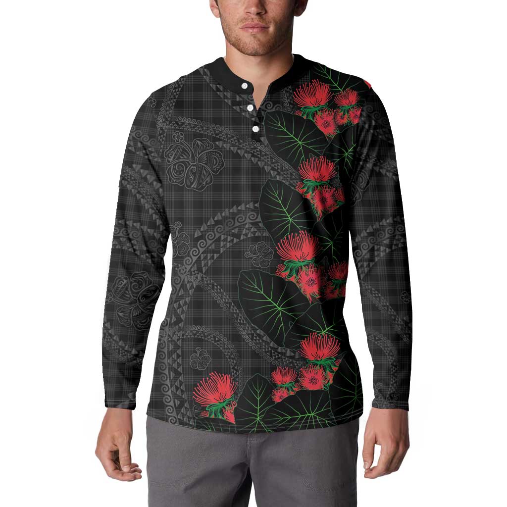 Hawaiian Kakau Art Button Sweatshirt Taro Leaves with Ohia Lehua and Pakala Pattern - Polynesian Pride