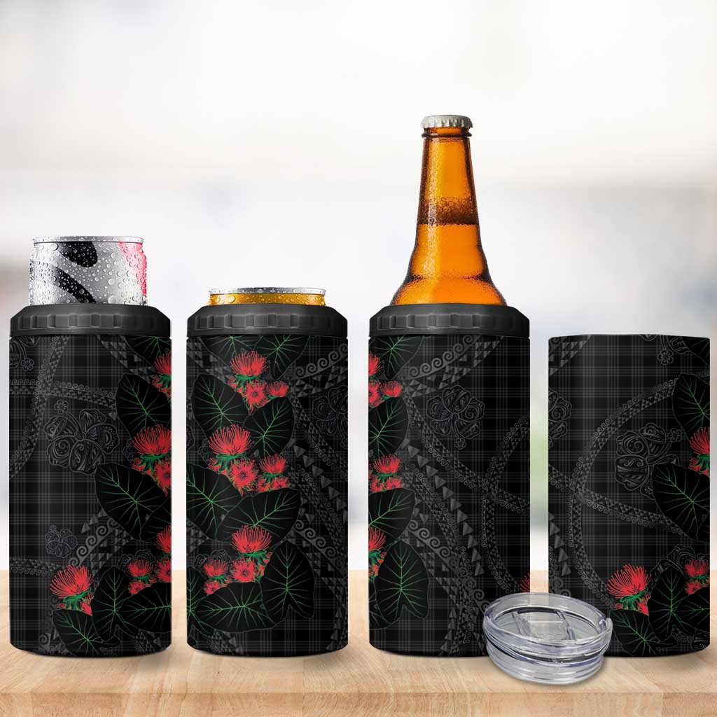 Hawaiian Kakau Art 4 in 1 Can Cooler Tumbler Taro Leaves with Ohia Lehua and Pakala Pattern - Polynesian Pride