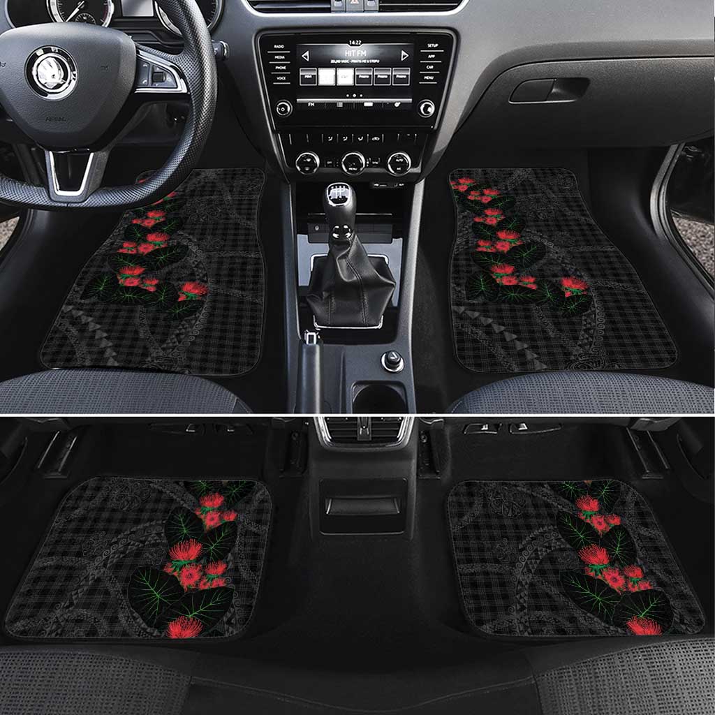 Hawaiian Kakau Art Car Mats Taro Leaves with Ohia Lehua and Pakala Pattern LT03 Set 4pcs Black - Polynesian Pride