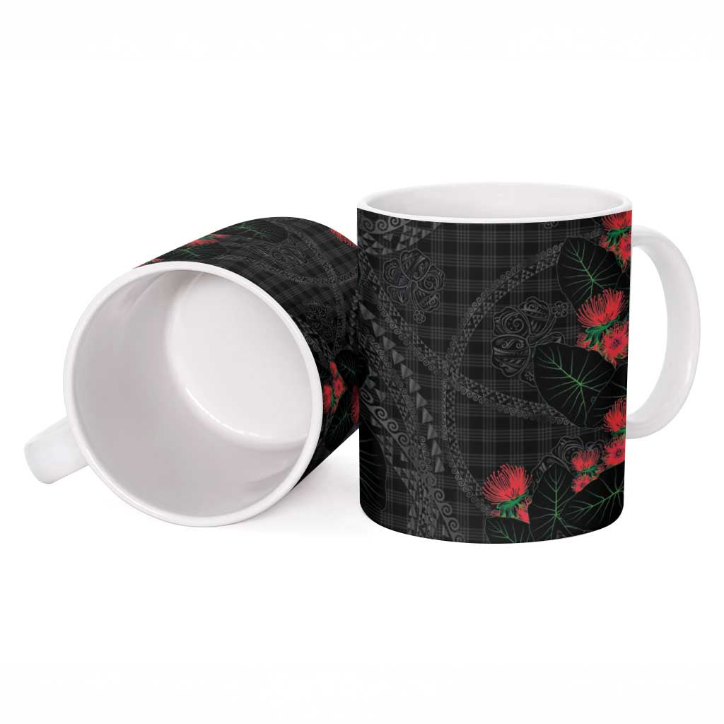 Hawaiian Kakau Art Ceramic Mug Taro Leaves with Ohia Lehua and Pakala Pattern - Polynesian Pride