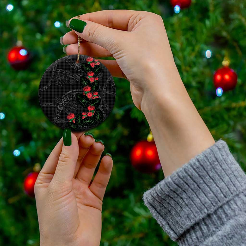 Hawaiian Kakau Art Ceramic Ornament Taro Leaves with Ohia Lehua and Pakala Pattern - Polynesian Pride