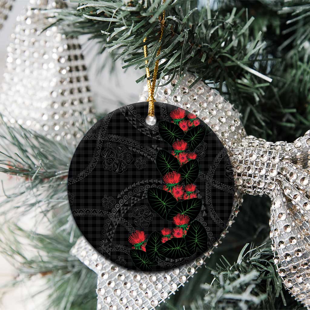 Hawaiian Kakau Art Ceramic Ornament Taro Leaves with Ohia Lehua and Pakala Pattern - Polynesian Pride