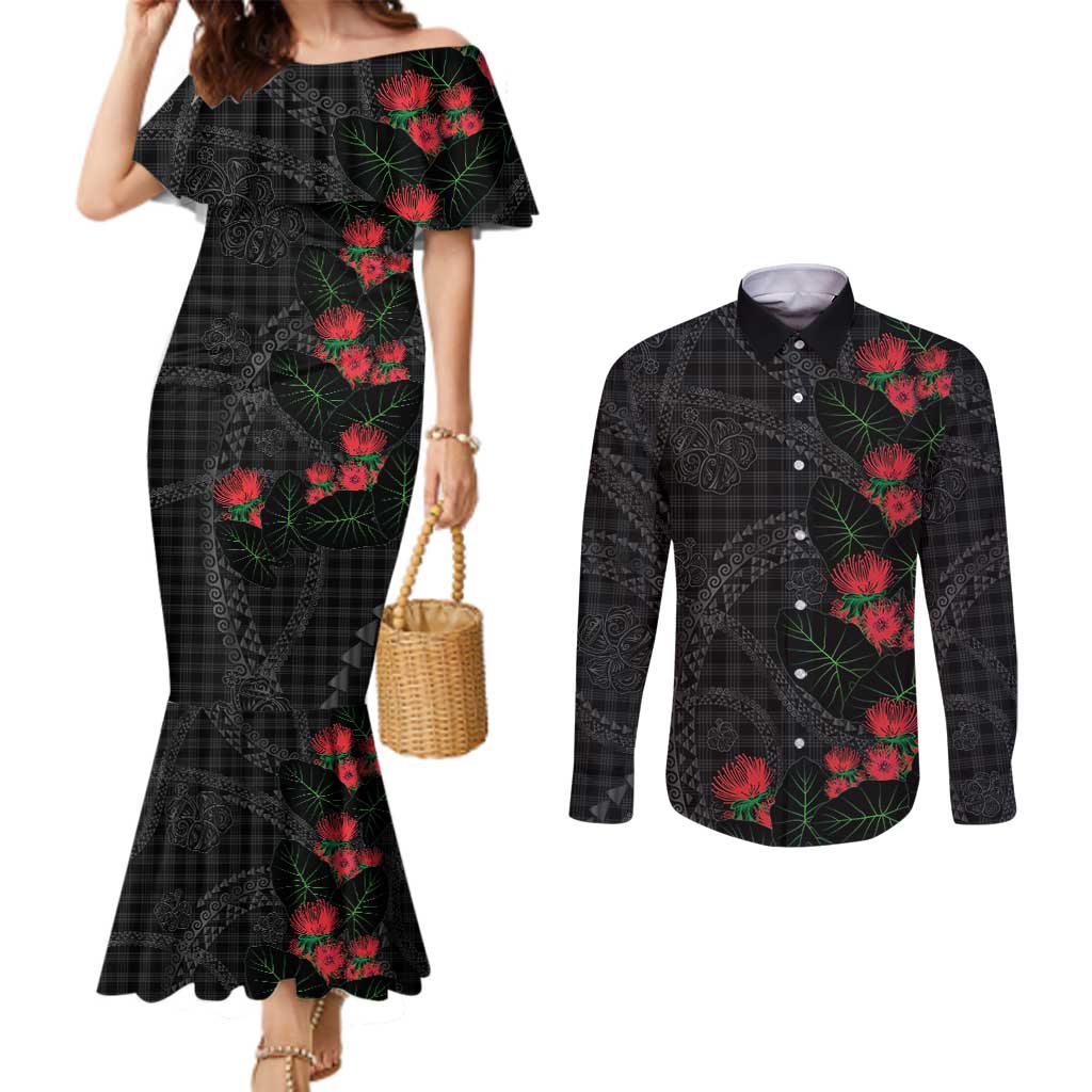 Hawaiian Kakau Art Couples Matching Mermaid Dress and Long Sleeve Button Shirt Taro Leaves with Ohia Lehua and Pakala Pattern - Polynesian Pride