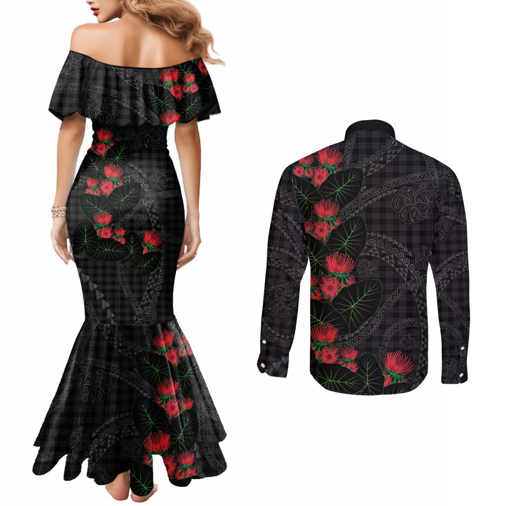 Hawaiian Kakau Art Couples Matching Mermaid Dress and Long Sleeve Button Shirt Taro Leaves with Ohia Lehua and Pakala Pattern - Polynesian Pride