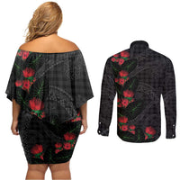 Hawaiian Kakau Art Couples Matching Off Shoulder Short Dress and Long Sleeve Button Shirt Taro Leaves with Ohia Lehua and Pakala Pattern - Polynesian Pride