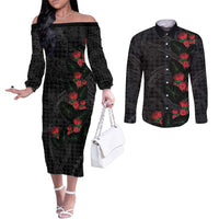 Hawaiian Kakau Art Couples Matching Off The Shoulder Long Sleeve Dress and Long Sleeve Button Shirt Taro Leaves with Ohia Lehua and Pakala Pattern - Polynesian Pride