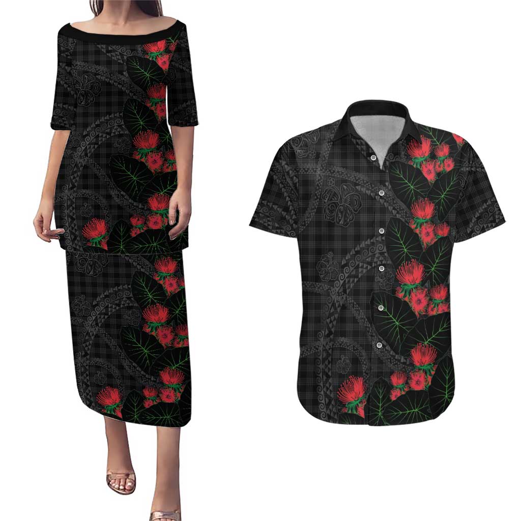 Hawaiian Kakau Art Couples Matching Puletasi and Hawaiian Shirt Taro Leaves with Ohia Lehua and Pakala Pattern - Polynesian Pride