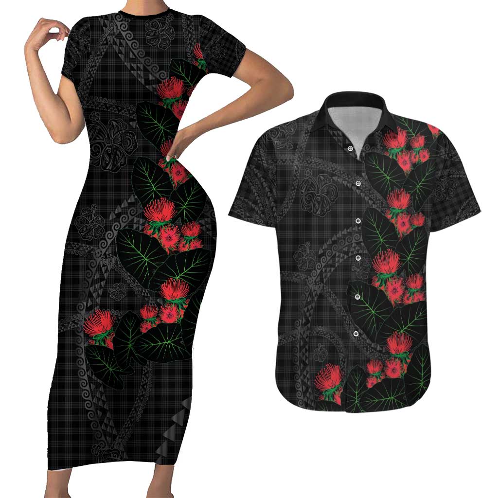 Hawaiian Kakau Art Couples Matching Short Sleeve Bodycon Dress and Hawaiian Shirt Taro Leaves with Ohia Lehua and Pakala Pattern - Polynesian Pride