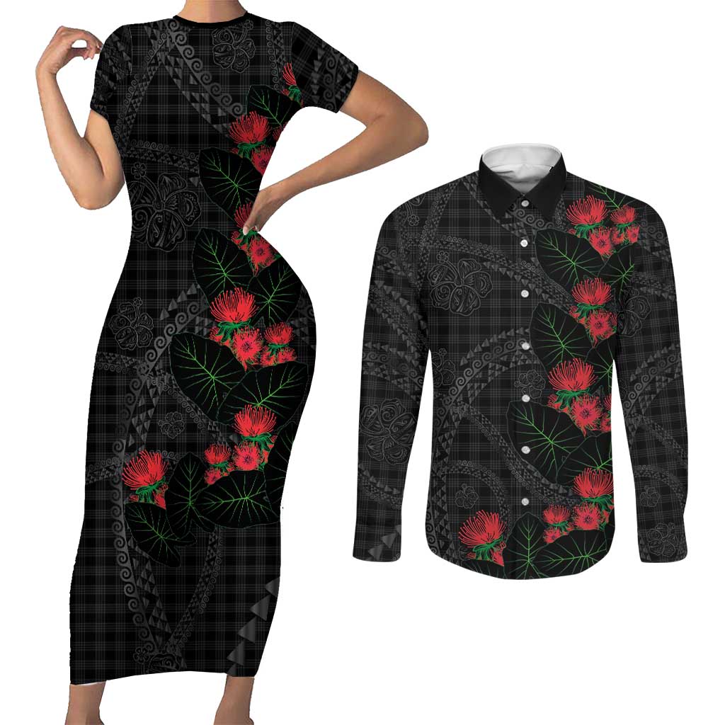 Hawaiian Kakau Art Couples Matching Short Sleeve Bodycon Dress and Long Sleeve Button Shirt Taro Leaves with Ohia Lehua and Pakala Pattern - Polynesian Pride