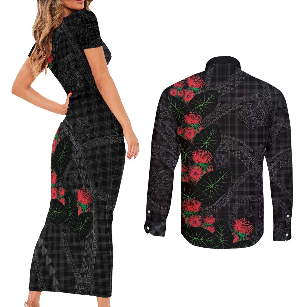 Hawaiian Kakau Art Couples Matching Short Sleeve Bodycon Dress and Long Sleeve Button Shirt Taro Leaves with Ohia Lehua and Pakala Pattern - Polynesian Pride