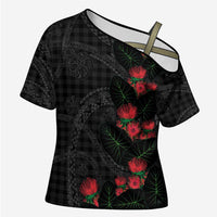Hawaiian Kakau Art Cross Shoulder Shirt Taro Leaves with Ohia Lehua and Pakala Pattern - Polynesian Pride