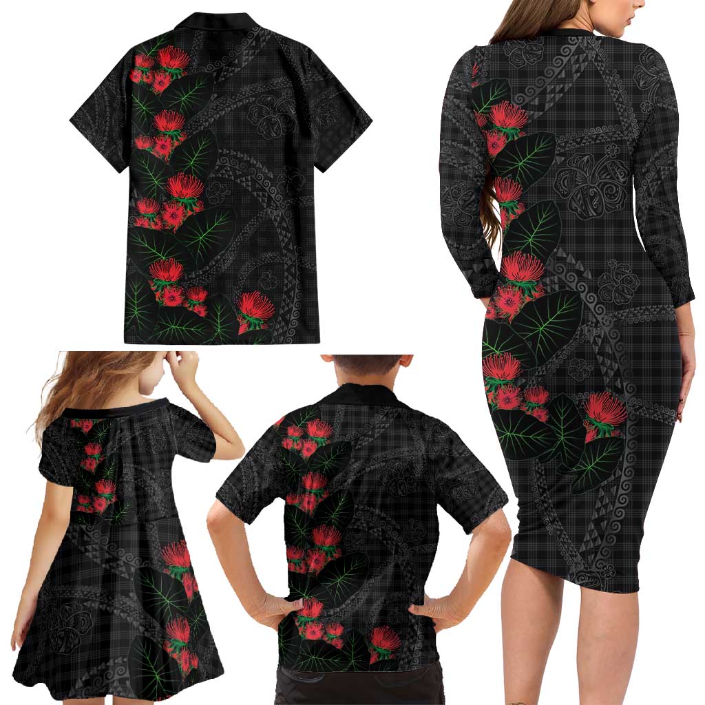 Hawaiian Kakau Art Family Matching Long Sleeve Bodycon Dress and Hawaiian Shirt Taro Leaves with Ohia Lehua and Pakala Pattern - Polynesian Pride