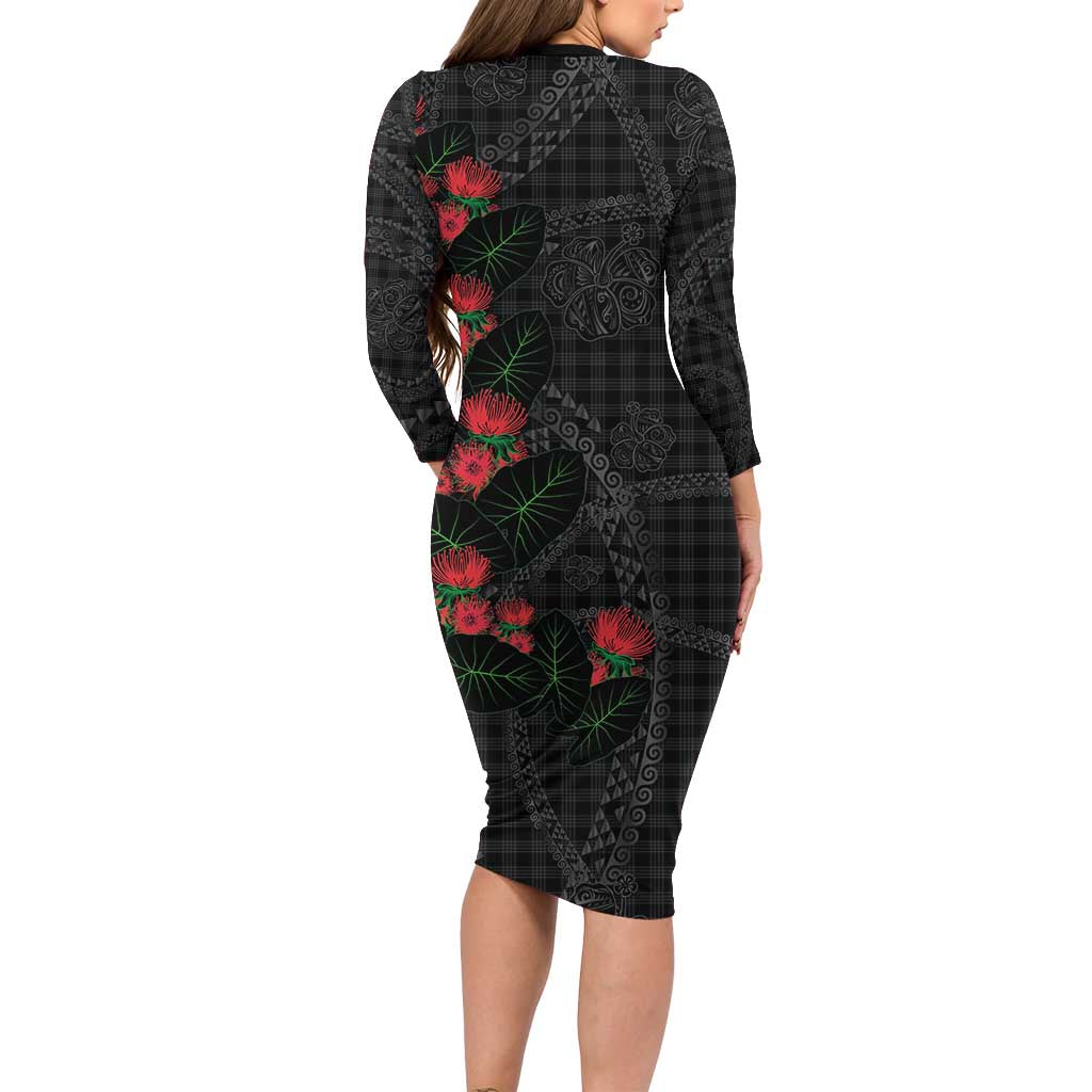 Hawaiian Kakau Art Family Matching Long Sleeve Bodycon Dress and Hawaiian Shirt Taro Leaves with Ohia Lehua and Pakala Pattern - Polynesian Pride