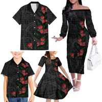 Hawaiian Kakau Art Family Matching Off The Shoulder Long Sleeve Dress and Hawaiian Shirt Taro Leaves with Ohia Lehua and Pakala Pattern - Polynesian Pride