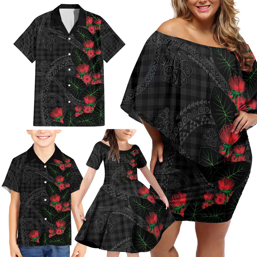 Hawaiian Kakau Art Family Matching Off Shoulder Short Dress and Hawaiian Shirt Taro Leaves with Ohia Lehua and Pakala Pattern - Polynesian Pride