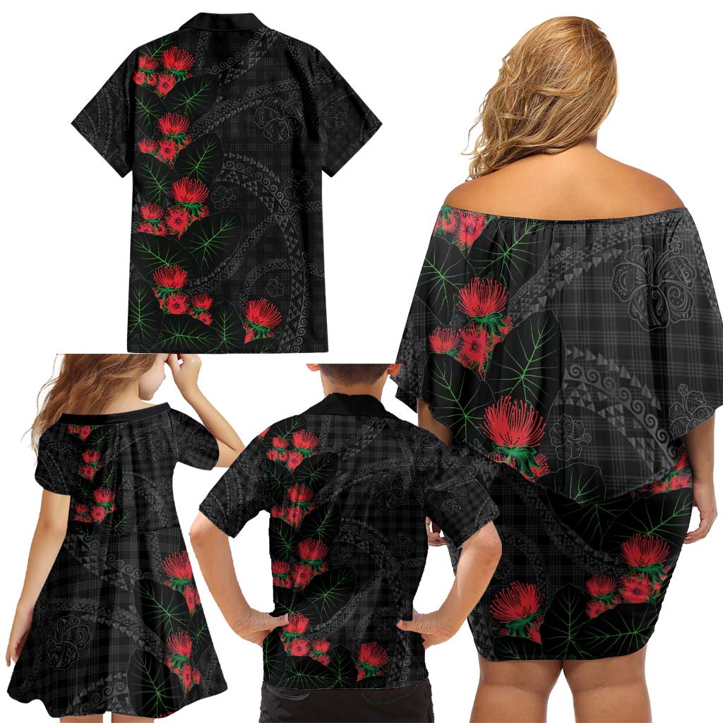 Hawaiian Kakau Art Family Matching Off Shoulder Short Dress and Hawaiian Shirt Taro Leaves with Ohia Lehua and Pakala Pattern - Polynesian Pride