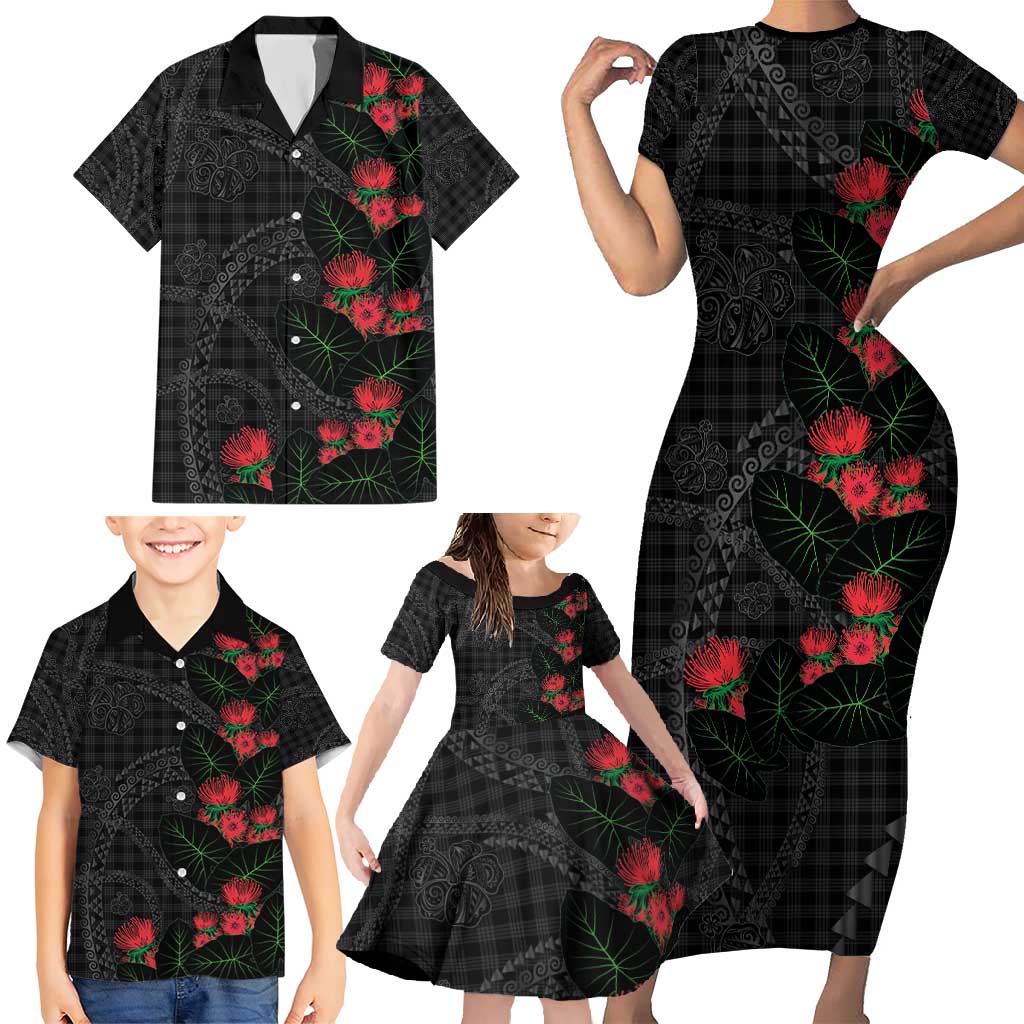 Hawaiian Kakau Art Family Matching Short Sleeve Bodycon Dress and Hawaiian Shirt Taro Leaves with Ohia Lehua and Pakala Pattern - Polynesian Pride
